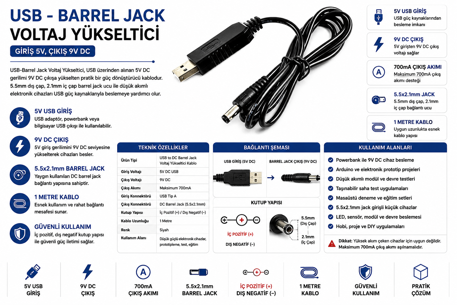 USB Barrel Jack Voltaj Yükseltici 5V giriş 9V çıkış 5.5x2.1mm DC güç kablosu