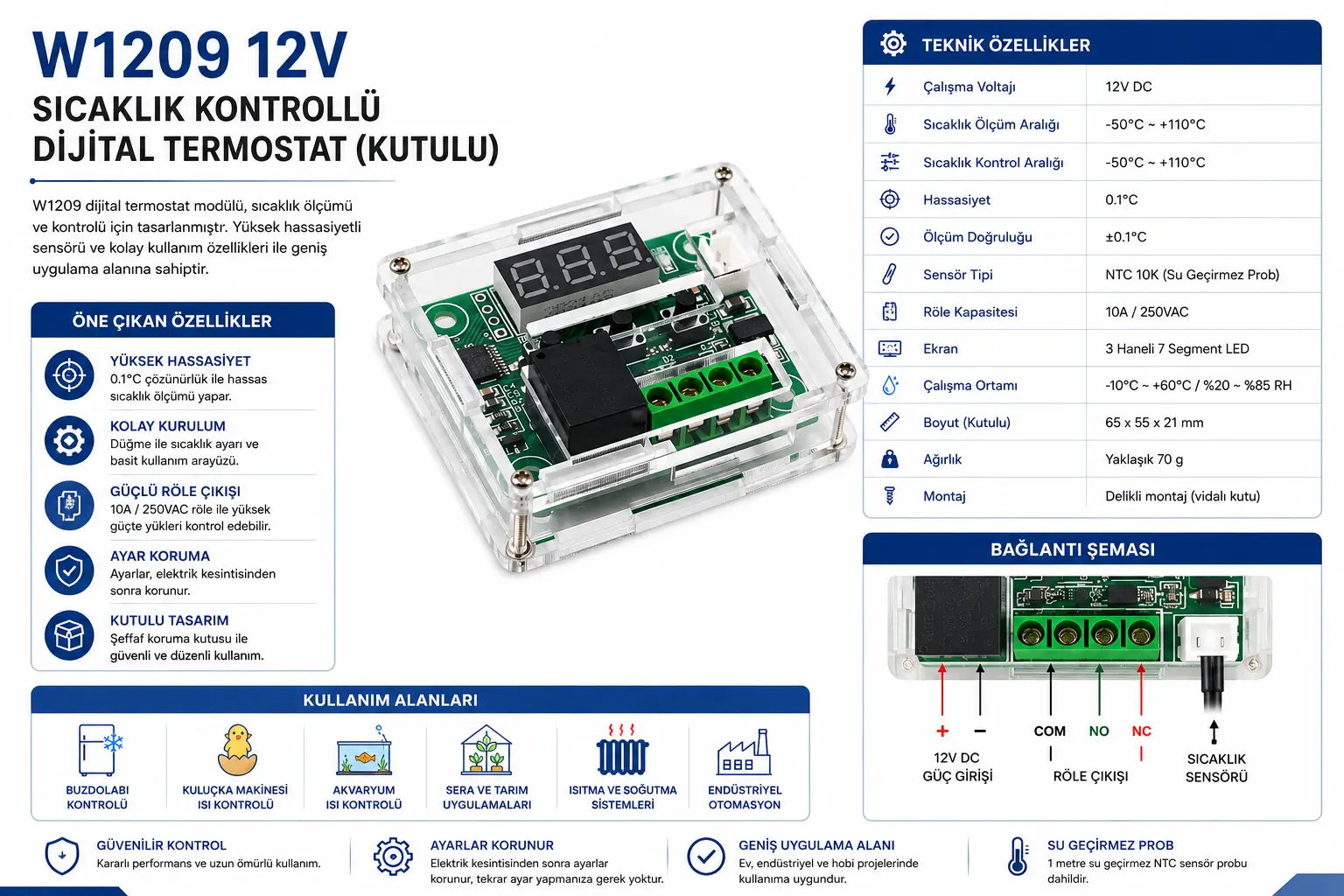 W1209 12V sıcaklık kontrollü dijital termostat kutulu röle çıkışlı