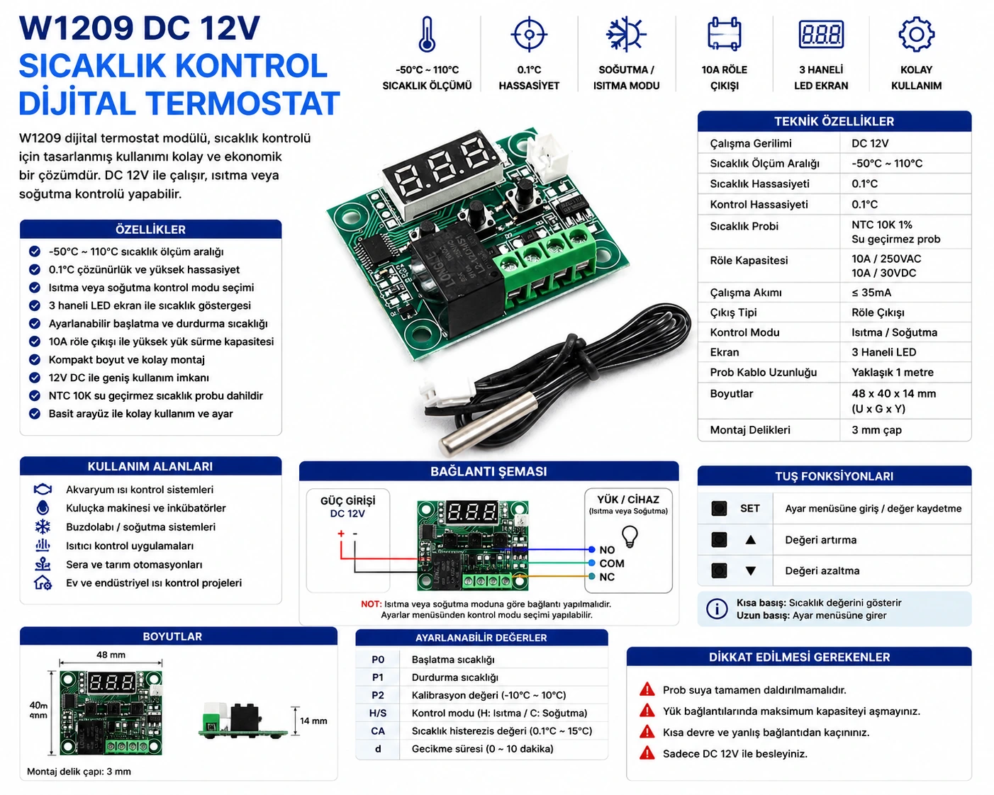 W1209 DC 12V dijital termostat sıcaklık kontrol kartı NTC prob röle çıkışlı