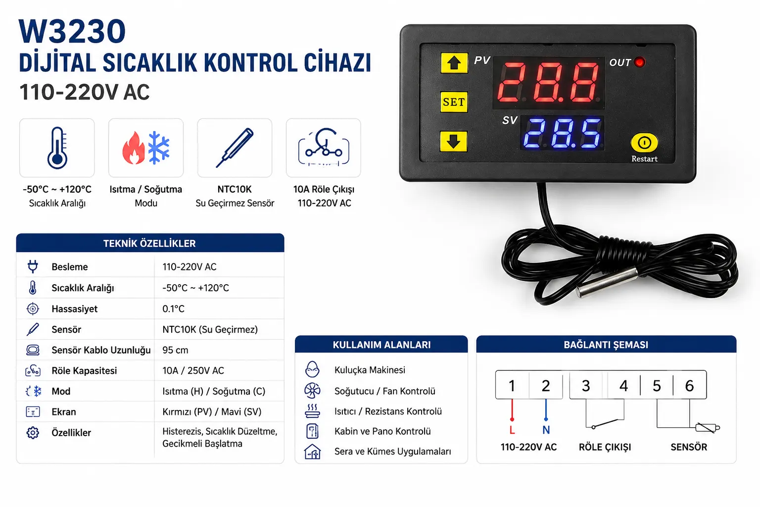 W3230 110-220V AC dijital sıcaklık kontrol cihazı NTC10K sensörlü termostat