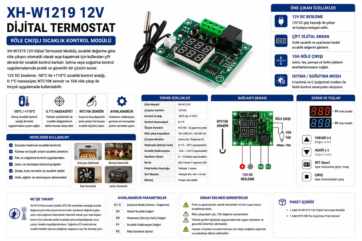 XH-W1219 12V röle çıkışlı dijital termostat sıcaklık kontrol modülü