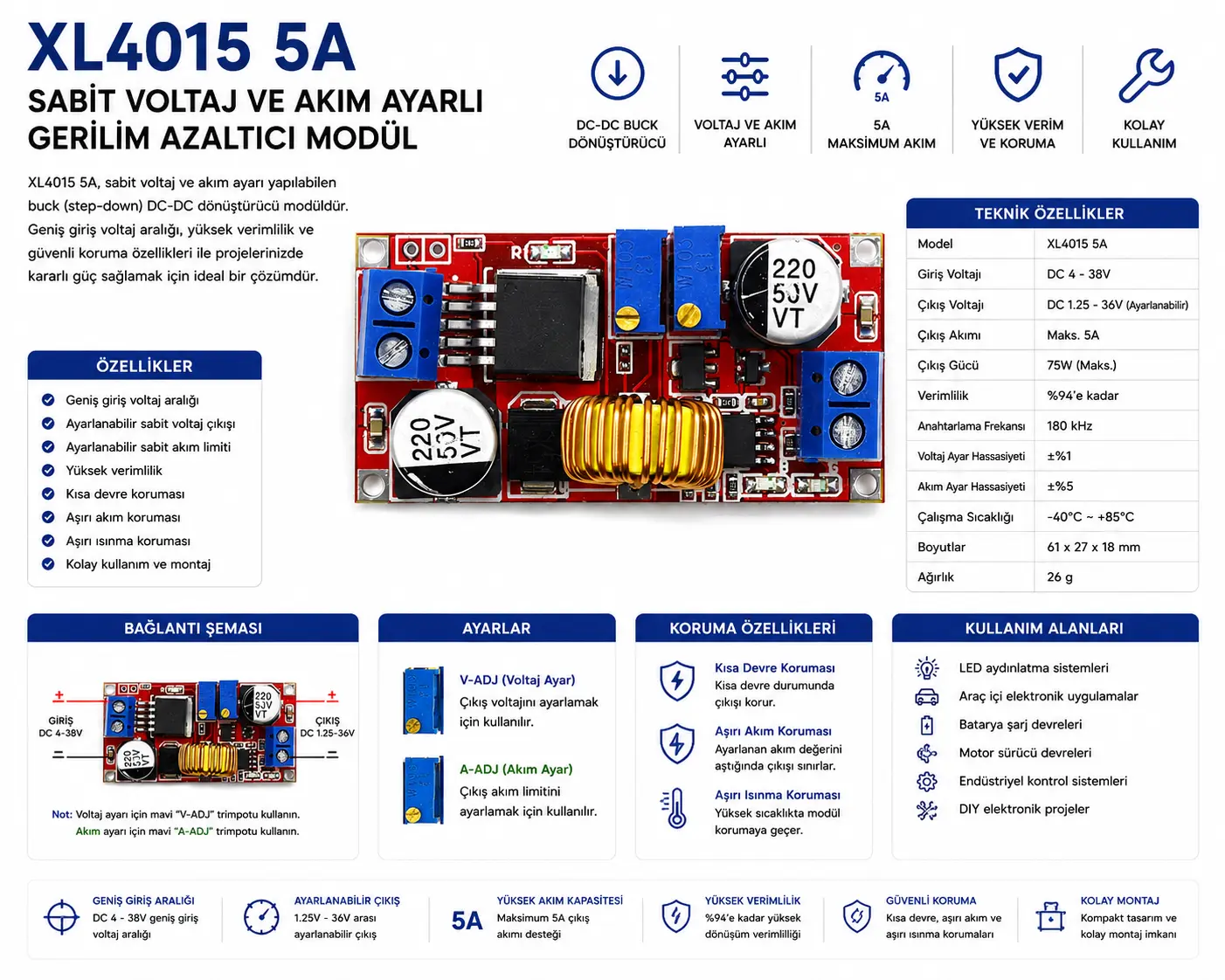 XL4015 5A sabit voltaj ve akım ayarlı gerilim azaltıcı modül DC-DC step down