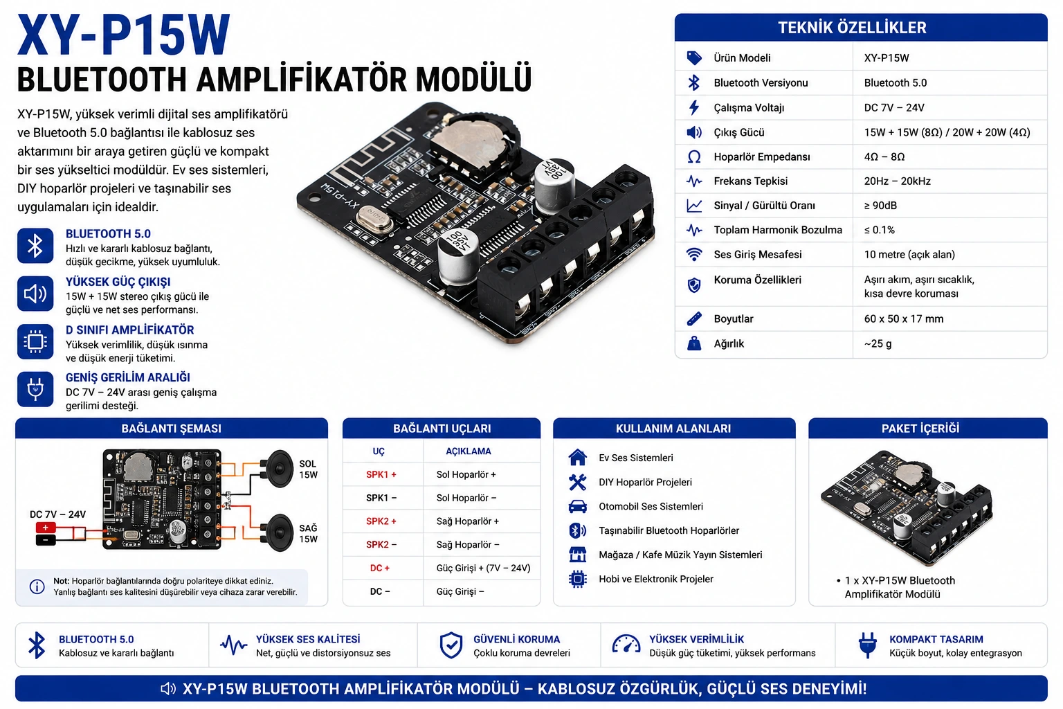 XY-P15W HW-873 stereo Bluetooth güç amplifikatör modülü