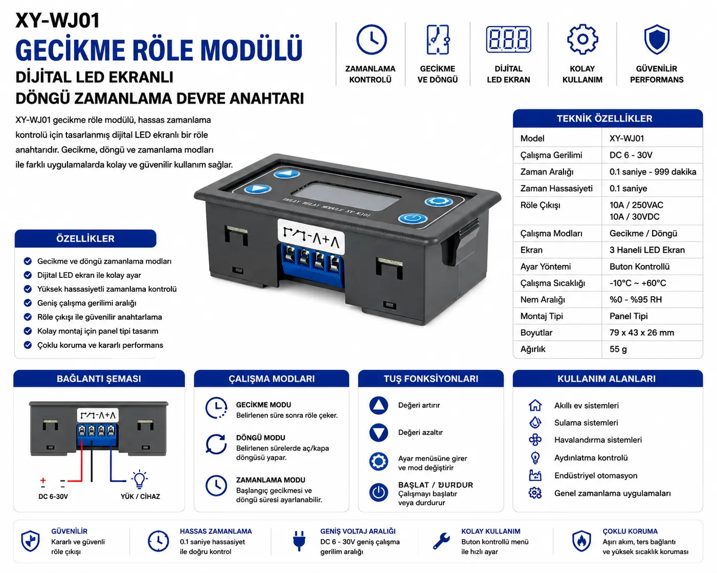 XY-WJ01 gecikme röle modülü dijital zamanlayıcı döngü zamanlama devre anahtarı