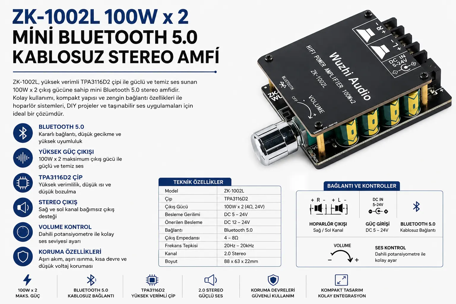 ZK-1002L 2x100W Bluetooth 5.0 Stereo Amfi Devresi