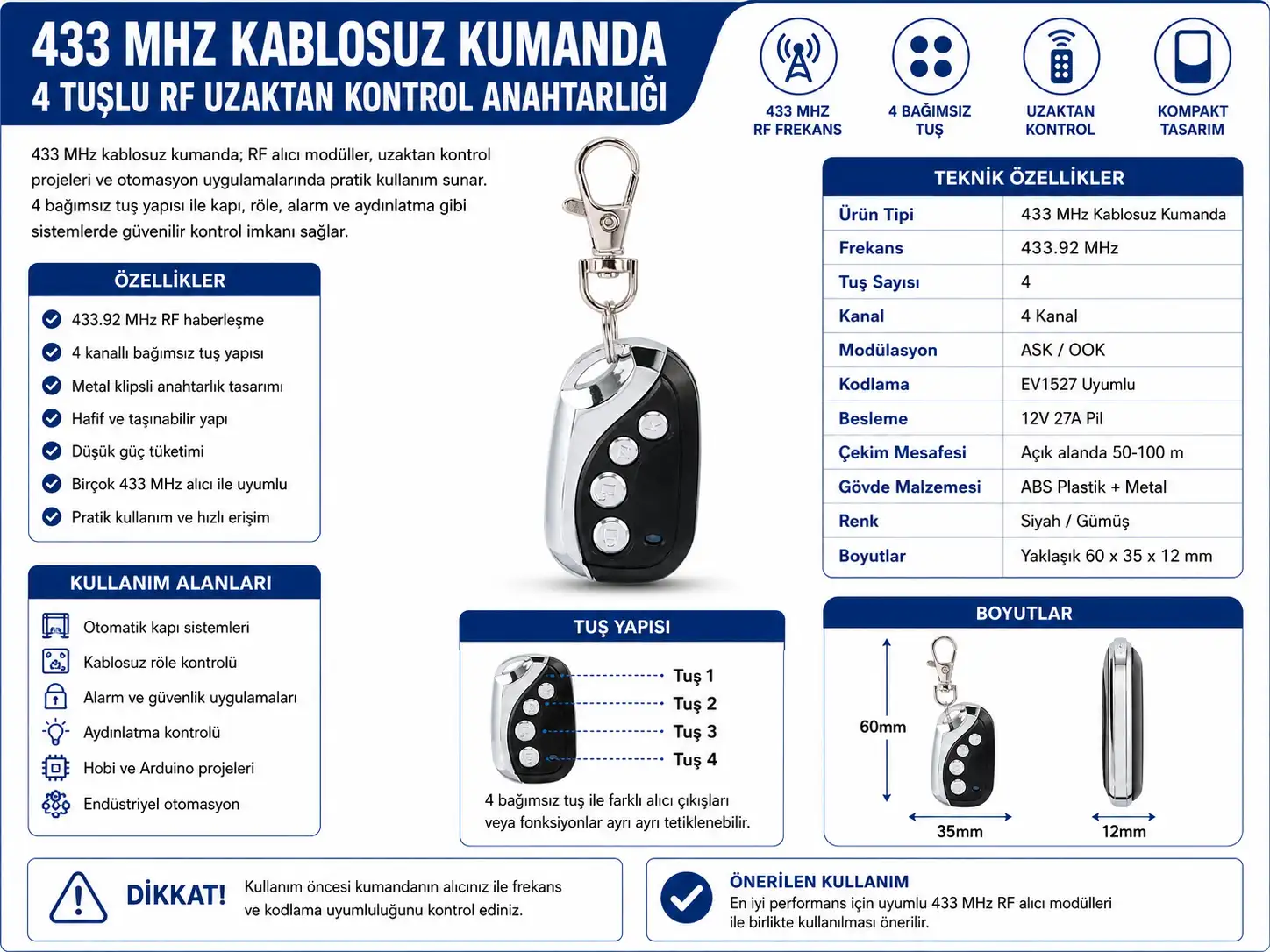 433 MHz kablosuz kumanda sabit kodlu RF uzaktan kumanda kopyalama cihazı