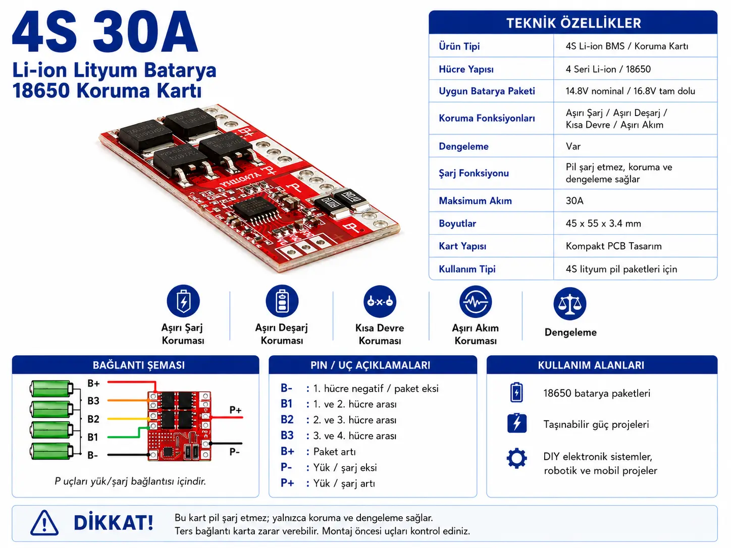 4S 30A Li-ion lityum batarya 18650 koruma kartı BMS balans devresi