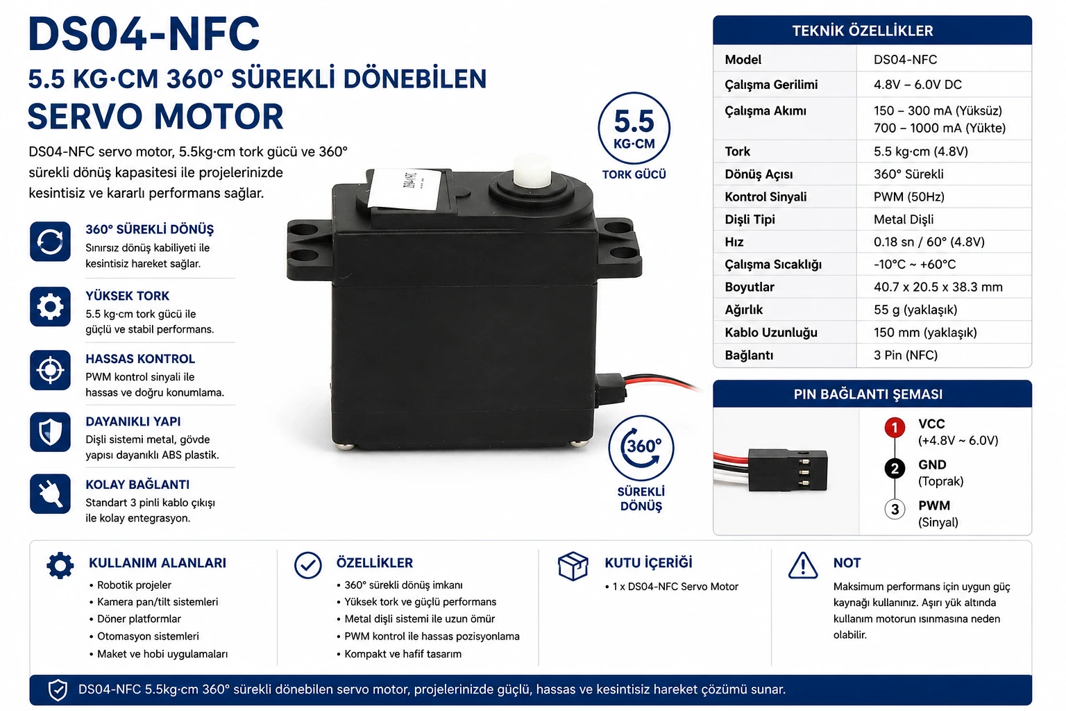 DS04-NFC 5.5Kg/cm 360 derece sürekli dönebilen servo motor PWM kontrollü robotik servo
