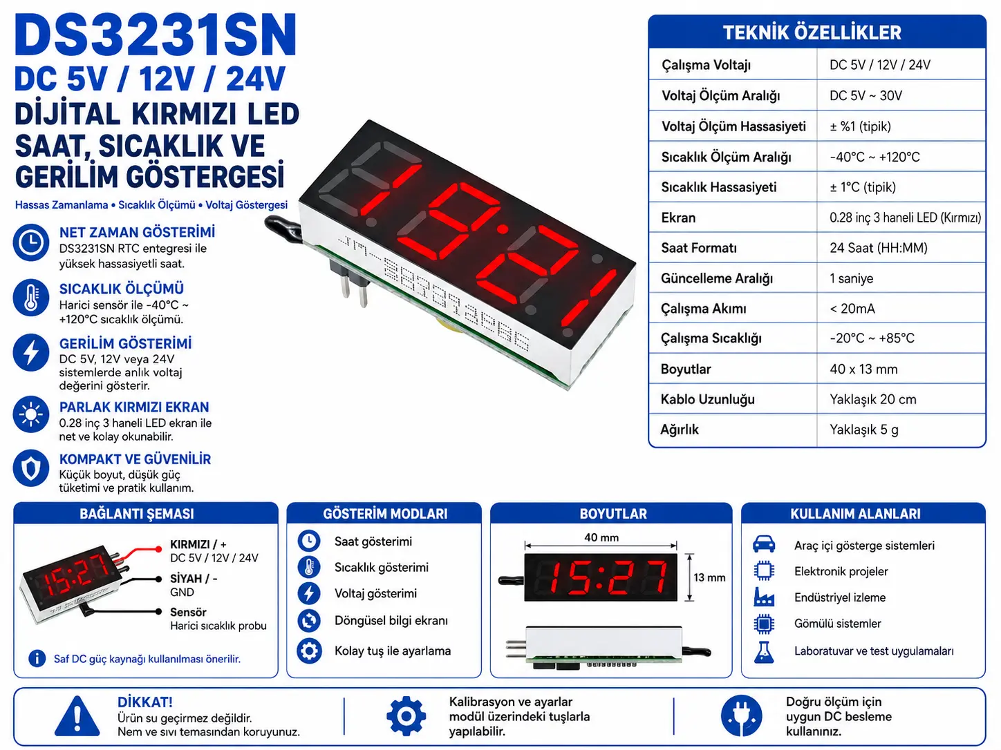 DS3231SN DC 5V 12V 24V dijital kırmızı LED saat sıcaklık gerilim göstergesi