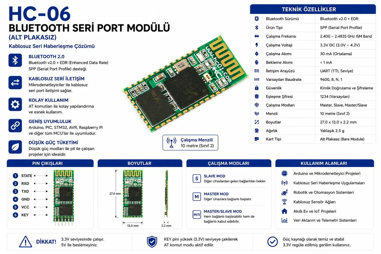 HC06 Bluetooth seri port modülü alt plakasız UART kablosuz haberleşme modülü
