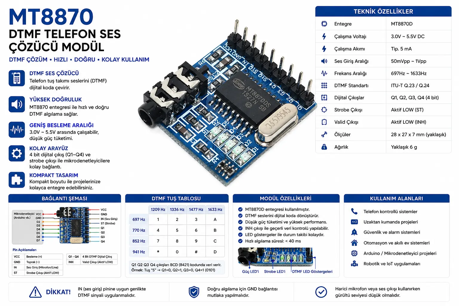 MT8870 DTMF telefon ses çözücü modül 4 bit dijital çıkışlı ton decoder kartı