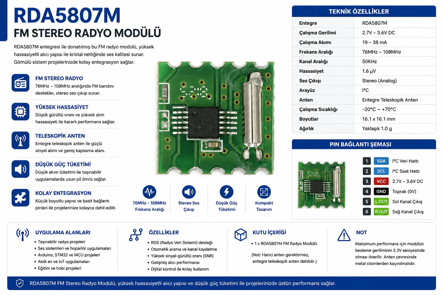 RDA5807M FM stereo radyo modülü Arduino I2C tuner ses çıkışlı radyo alıcı kartı