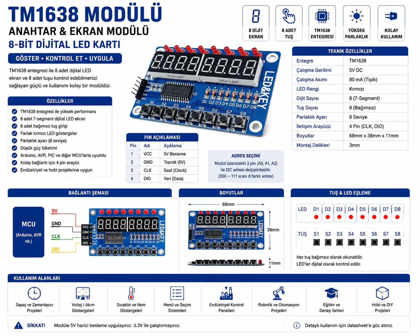 TM1638 modülü anahtar ekran AVR Arduino 8-bit dijital LED kartı