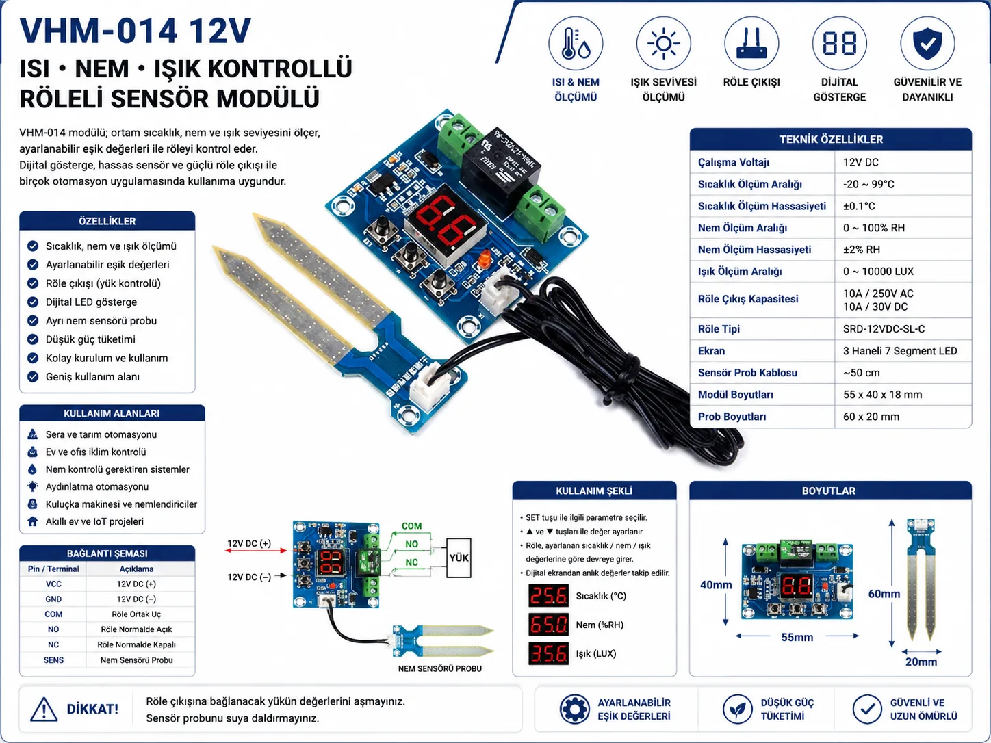 VHM-014 12V ısı nem ışık kontrollü röleli sensör modülü