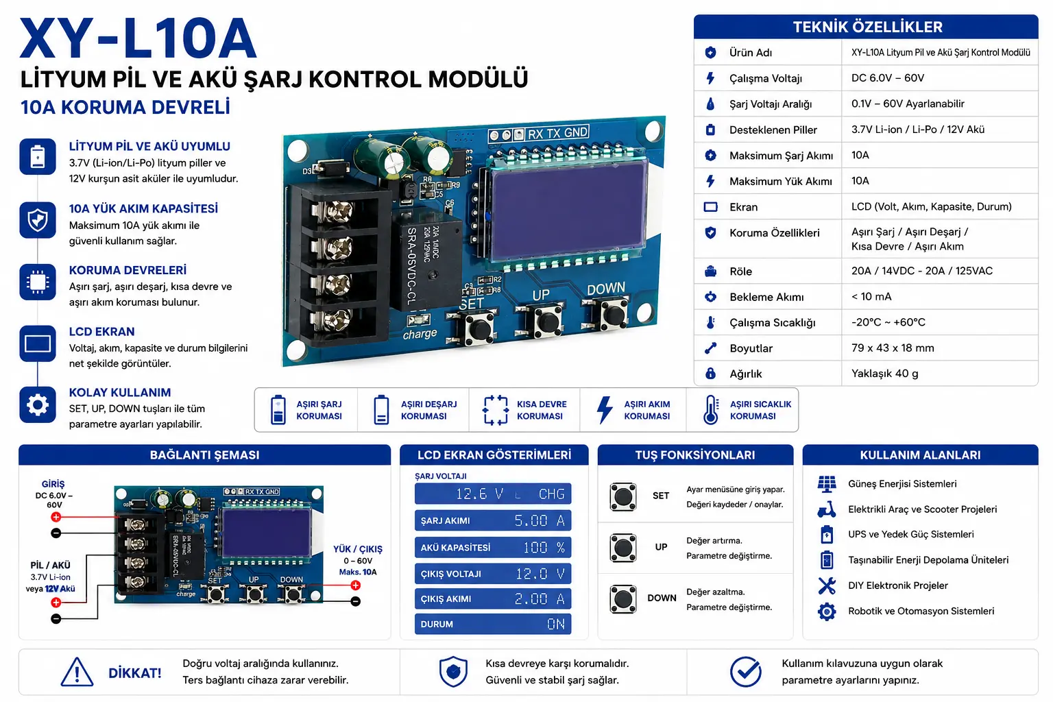XY-L10A lityum pil ve akü şarj kontrol modülü 10A LCD ekranlı koruma devreli